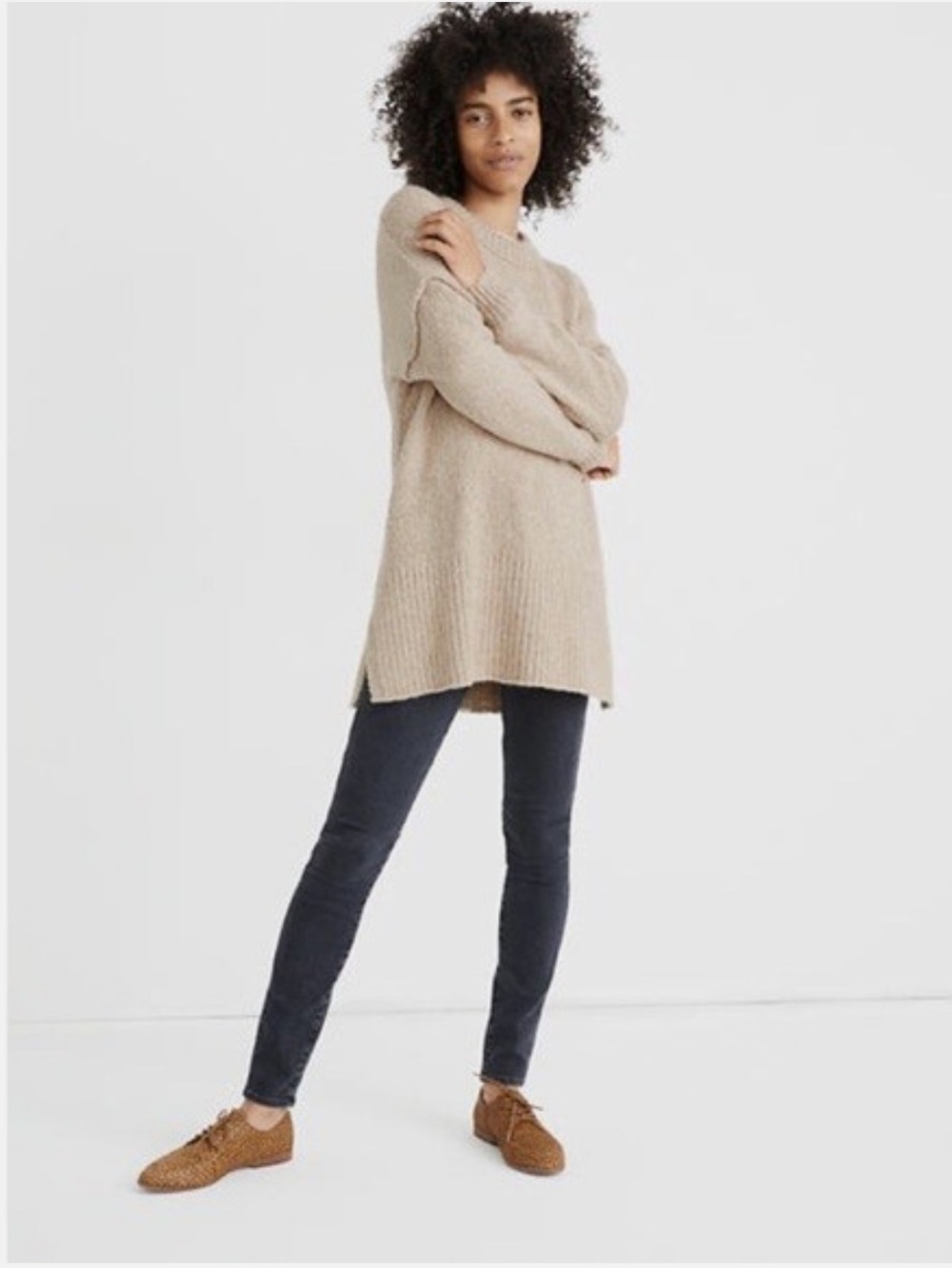 Madewell Women's Baxter Tan Cream Tunic Sweater Alpaca‎ Blend Long Sleeve